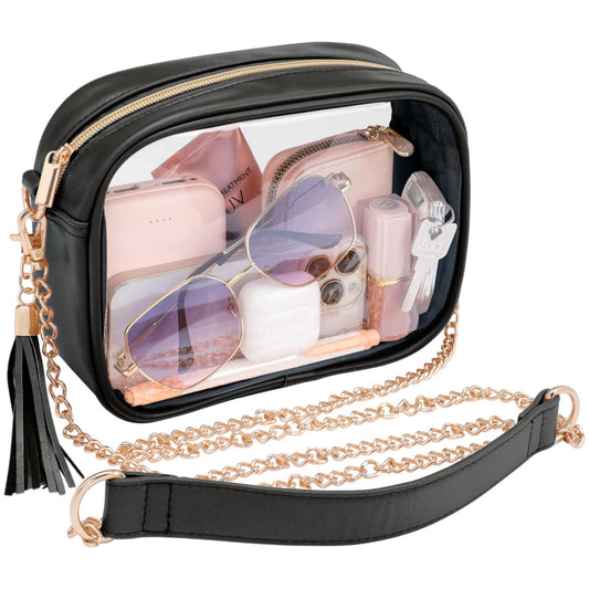 PACKISM Stylish Clear Crossbody Bag - Clear Purse Stadium Approved for Women, Fashionable PU Leather Design with Adjustable Chain Straps, Perfect for Sports & Concerts, Black