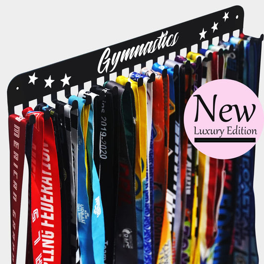 iBobbish Premium Gymnastics Medal Holder Display Rack with 20 Hanging Hooks,Gymnastics Medal Holder For Wall with 16inchL,Upgraded Gymnastics Medal Holder with Simple Design For Girls & Boys in Black