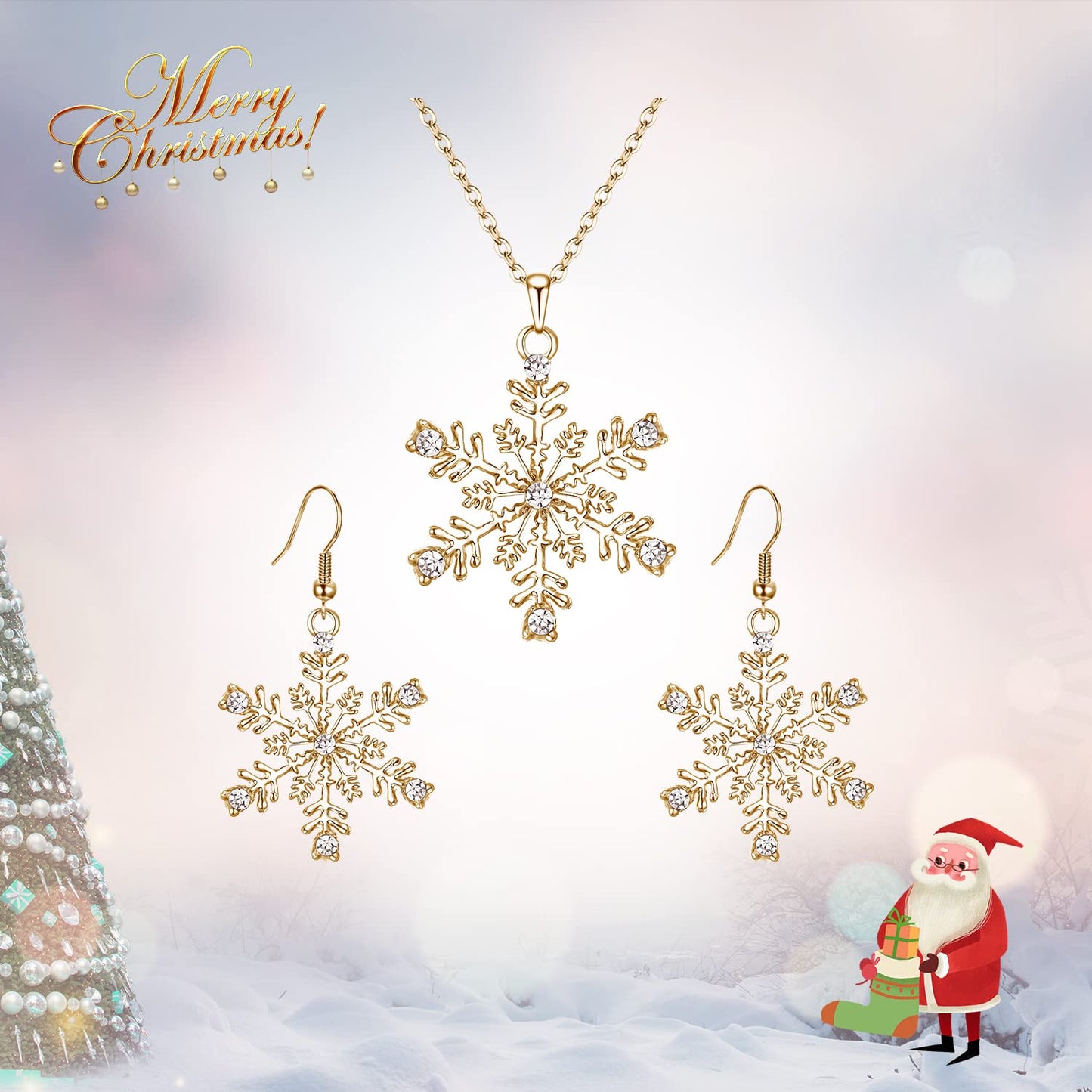 EVER FAITH Clear Crystal Christmas Gift Winter Party Snowflake Necklace Earrings Jewelry Set Gold-Tone