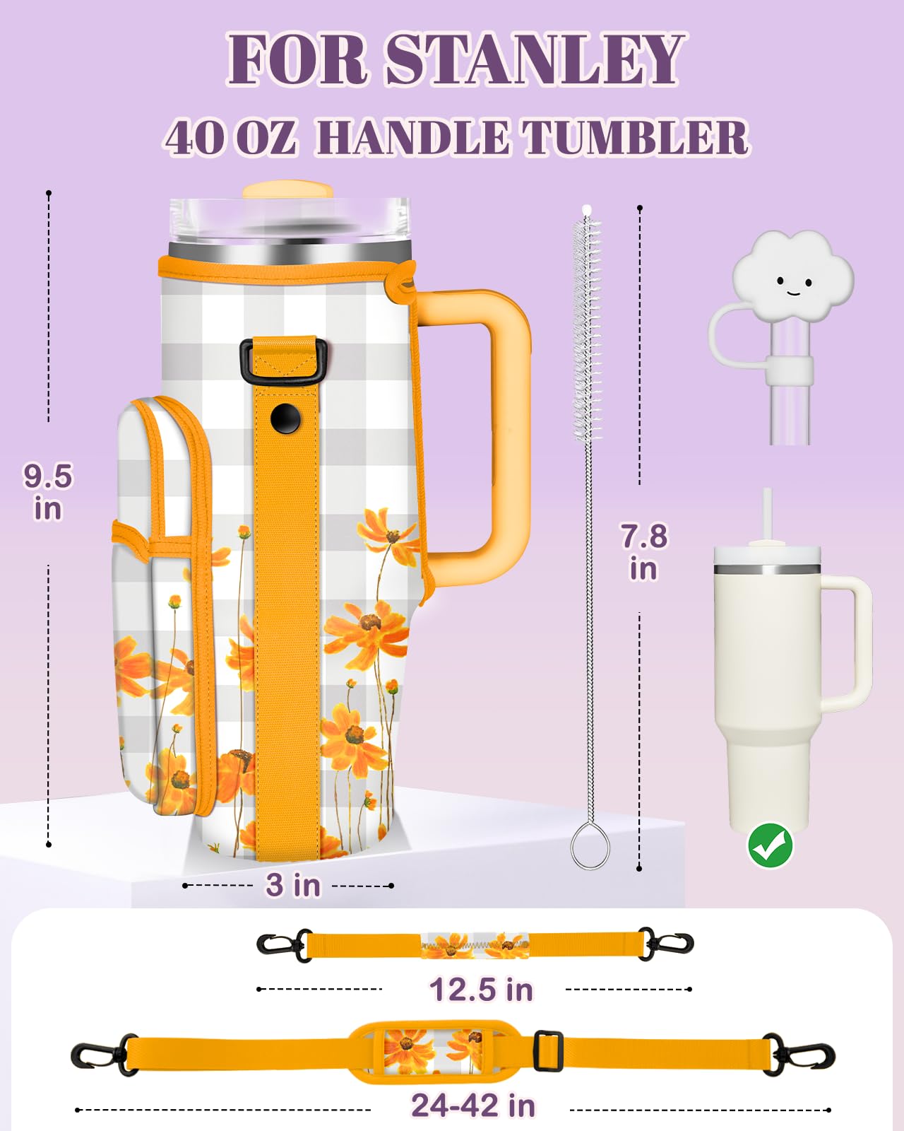 Toykee Water Bottle Holder Carrier Bag for Stanley 40 OZ Tumbler with Strap Phone Pocket, Wrap Around Drink Cup Purse Pouch with Straw Cover Cleaner Brush Accessories Yellow Flower