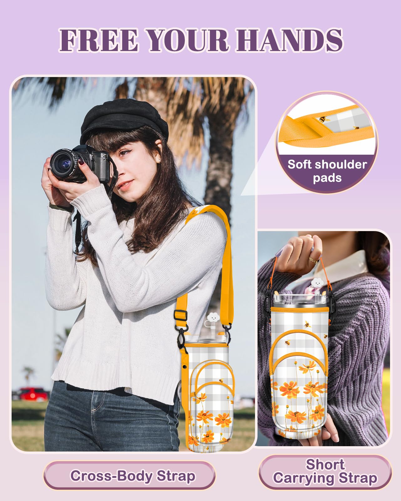 Toykee Water Bottle Holder Carrier Bag for Stanley 40 OZ Tumbler with Strap Phone Pocket, Wrap Around Drink Cup Purse Pouch with Straw Cover Cleaner Brush Accessories Yellow Flower