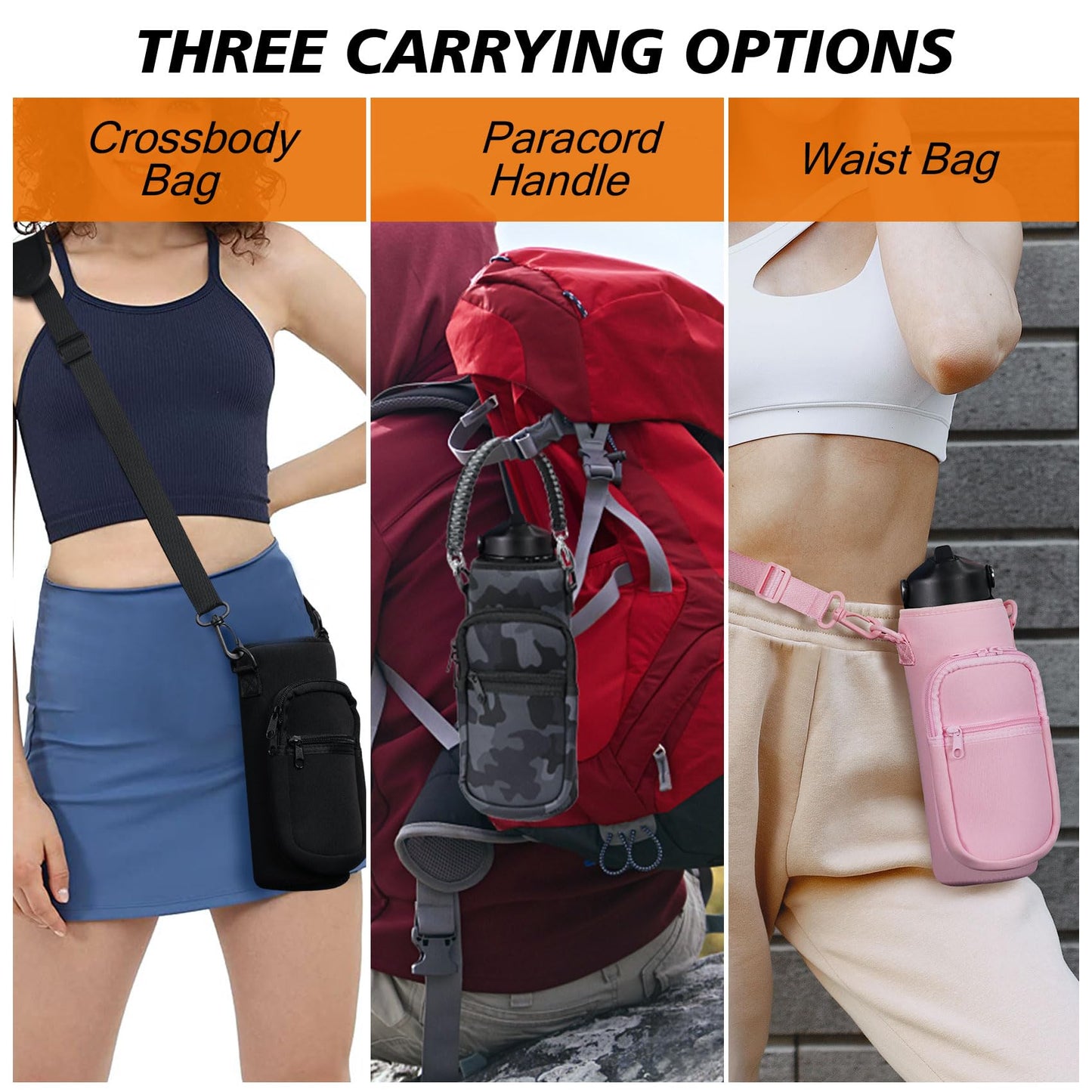 AceTreker 32 oz 40 oz Water Bottle Carrier with Strap, Sport Water Bottle Sleeve with Pocket & Paracord Handle, Insulated Flask Water Bottle Sling Bag for Walking, Hiking-Pink