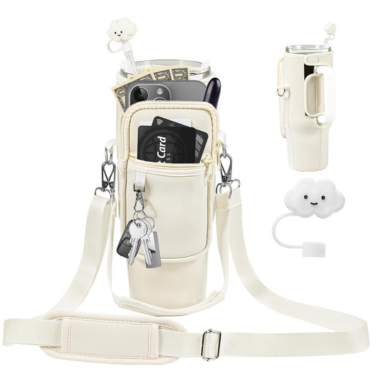 Water Bottle Holder with Strap Pouch and Handle fits for Stanley 30 oz Tumbler, Water Bottle Carrier Bag with 4.9FT Strap, Bottle Pouch for Stanley Cup Accessories
