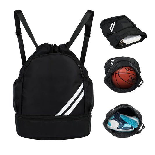 WUHFFA Drawstring Backpack Sports Gym Bag with Shoe Compartment Water Resistant Cinch String Bag for Women Men Soccer Travel (Black)