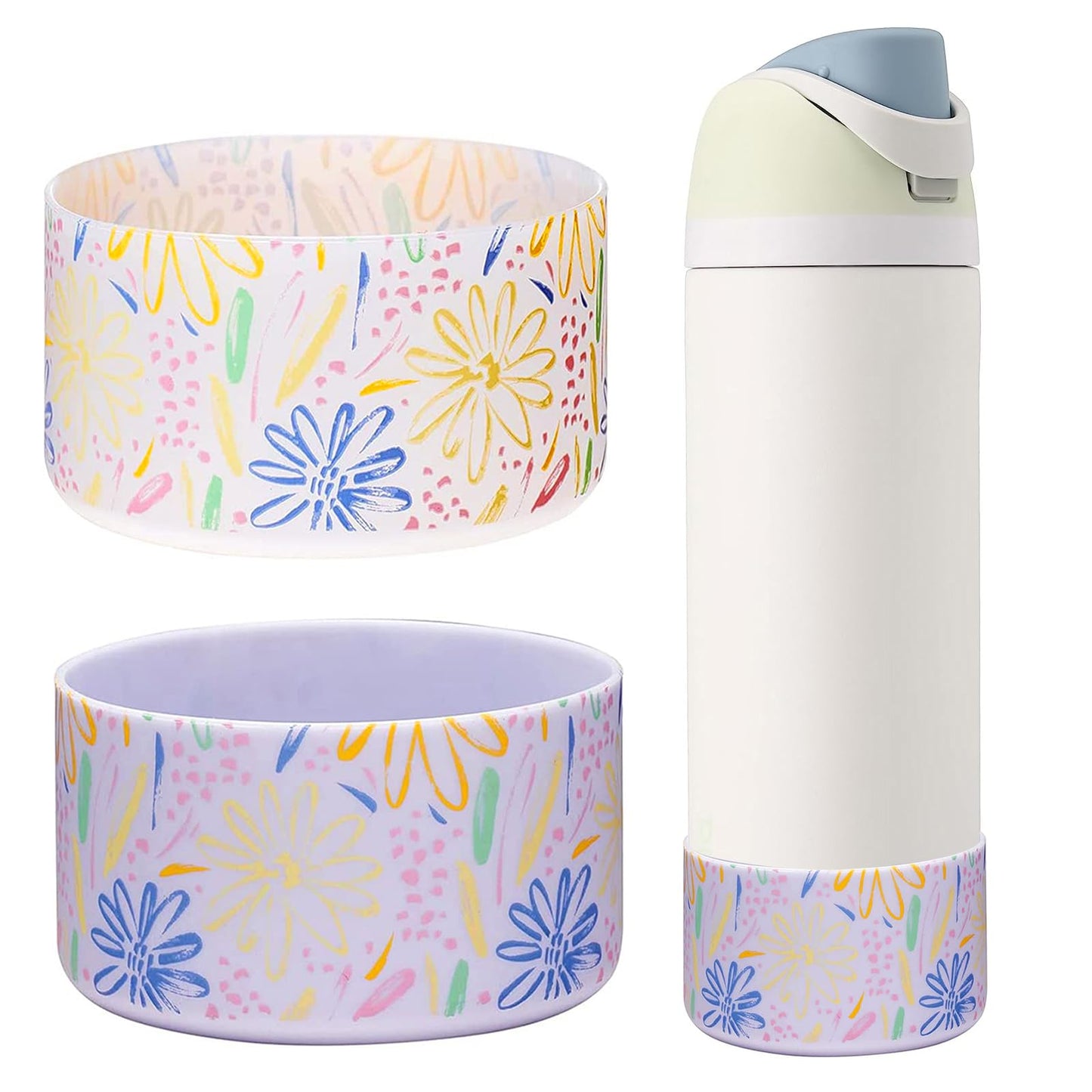 WK IEASON 2Pcs Silicone Water Bottle Boot for Owala 24oz, Protective Flask Bottom Cover Base for Owala FreeSip Twist and Flip Flask Bottles (Floral print Clear/fog, 24OZ)