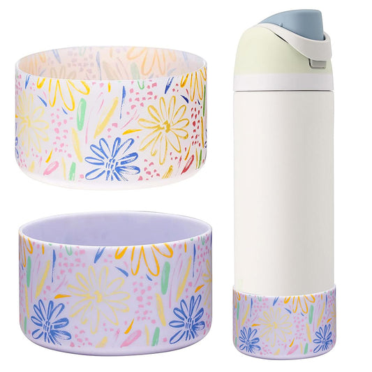 WK IEASON 2Pcs Silicone Water Bottle Boot for Owala 24oz, Protective Flask Bottom Cover Base for Owala FreeSip Twist and Flip Flask Bottles (Floral print Clear/fog, 24OZ)