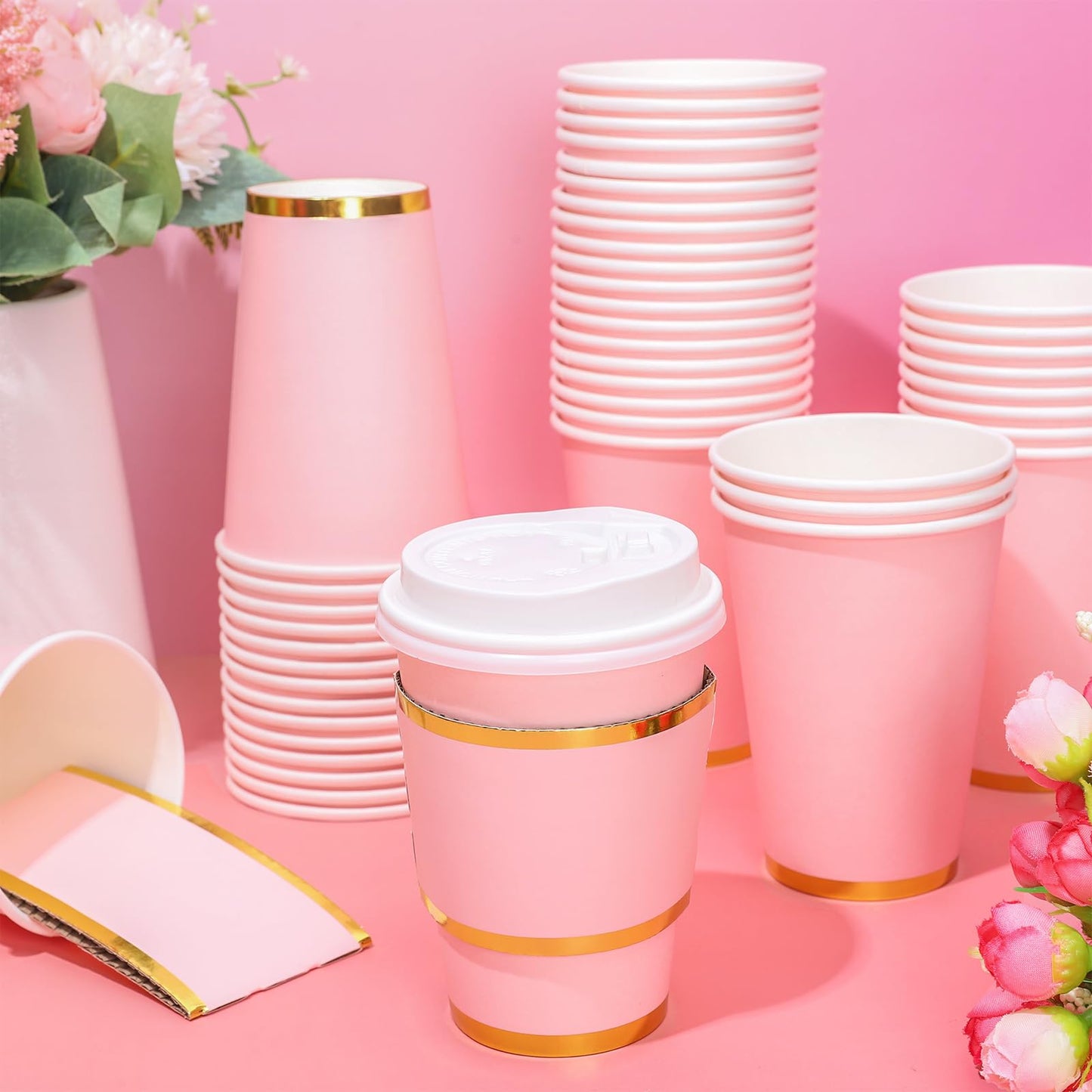 JarThenaAMCS 50Pcs Light Pink Disposable Coffee Cups with Lids and Sleeves 12Oz Foil Gold Border Pink Party Paper Tableware for Wedding Holiday Picnic Birthday Party Bridal Favor Coffee Beverage Tea
