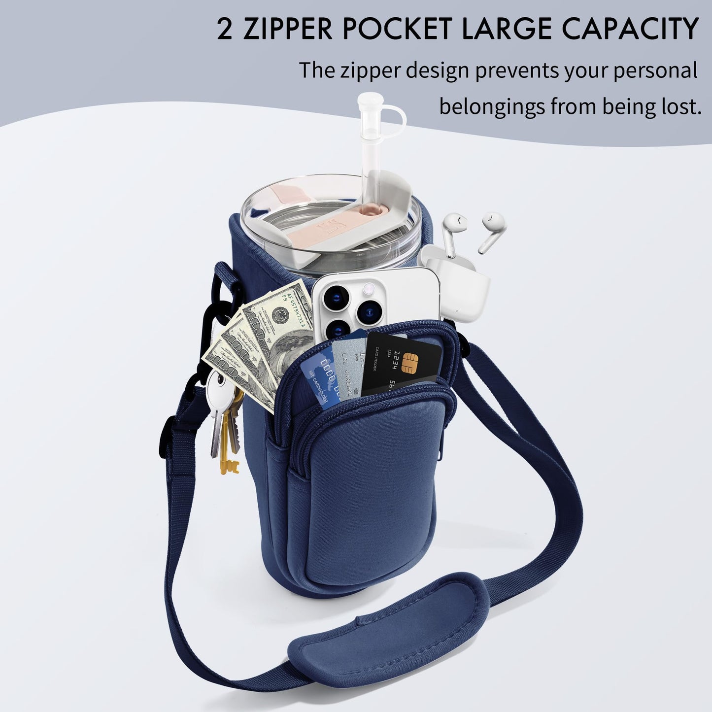 JEBEALUO Water Bottle Carrier Bag with Phone Pocket for Stanley Cup 40/30 oz, Water Bottle Holder with Adjustable Strap& Straw Cover, Stanley Cup Accessories (Prussian Blue)