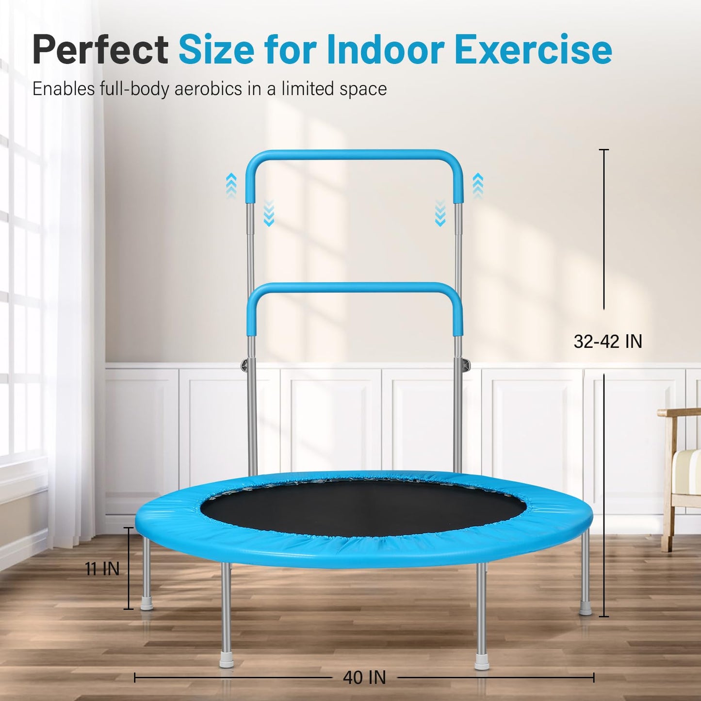 Lyromix 40Inch Rebounder Trampoline for Adults with Adjustable Bar, Mini Fitness Trampoline for Adults and Kids, Small Exercise Trampoline with Handle for Indoor Outdoor Workout, Blue