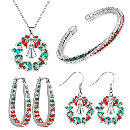 Sasylvia 4 Pieces Christmas Rhinestone Jewelry Set for Women Wreath Bell Dangle Necklace Cuff Bracelet Wreath Hoop Earrings (Silver)