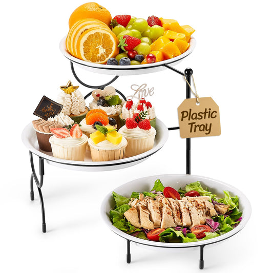 Lifewit Plastic 3 Tier Serving Tray Platter for Party Entertaining, 10" × 10" Large Dessert Table Display Set, White Reusable Round Dishes with Black Metal Display Stand for Veggie, Fruit, Cookies