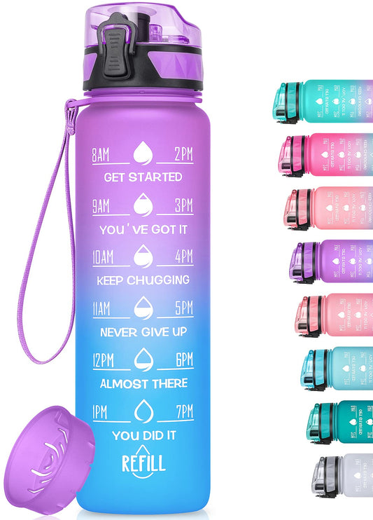 MEITAGIE 32oz/26oz Motivational Water Bottle with Time Marker & Fruit Strainer, Leak-proof BPA Free Non-Toxic 1l Bottle with Carrying Strap, Perfect for Fitness, Gym and Outdoor Sports, Plastic