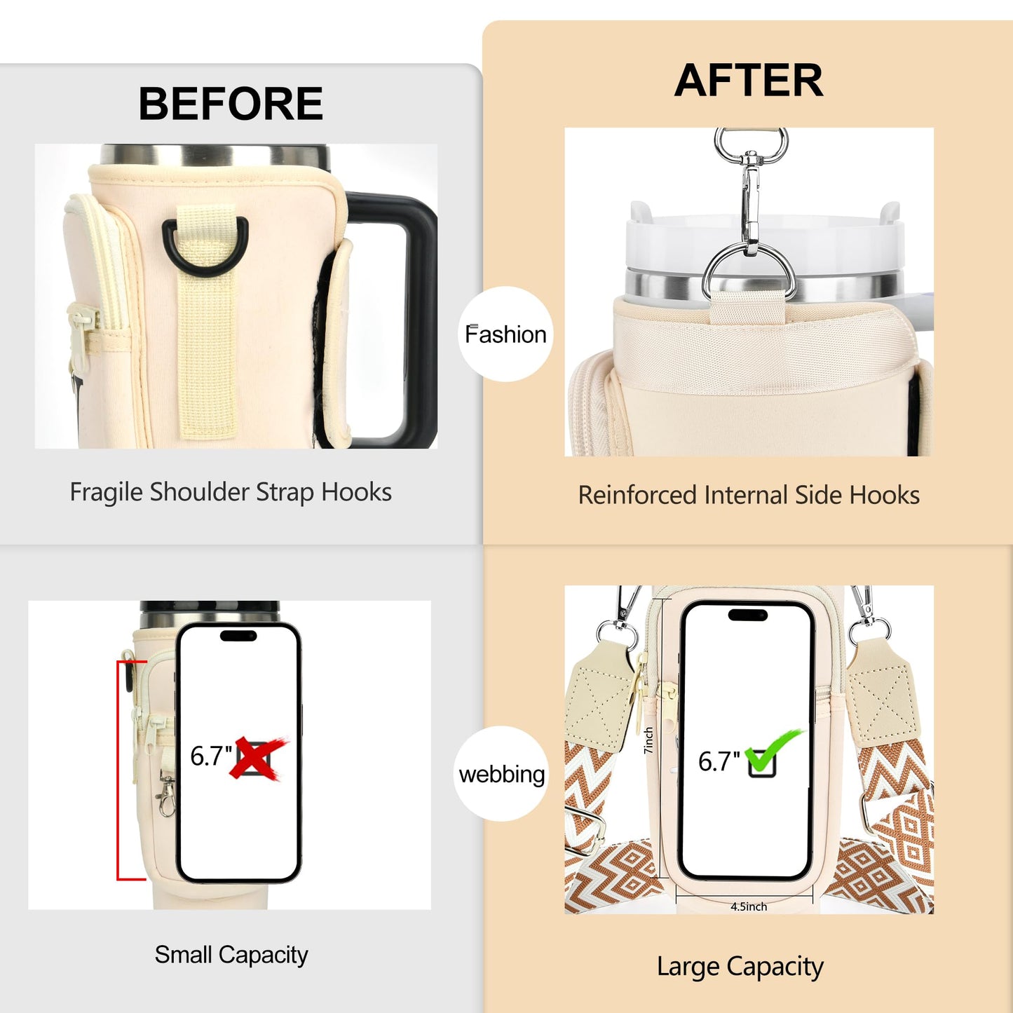LOKASS Initial Water Bottle Holder with Upgrade Canvas Strap for Stanley 30 oz Tumbler, Gift for Mom Mother's Day Day gifts with Phone Pocket, Personalized Accessories for Stanley Cup, Cream - S