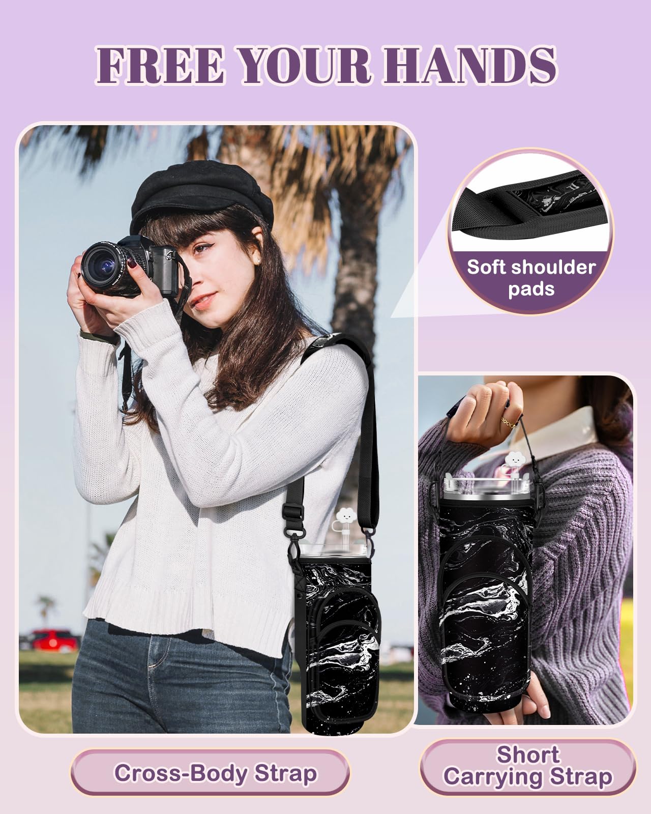 Toykee Water Bottle Holder Carrier Bag for Stanley 40 OZ Tumbler with Strap Phone Pocket, Black Wrap Around Drink Cup Purse Pouch with Straw Cover Cleaner Brush Accessories Marble Print