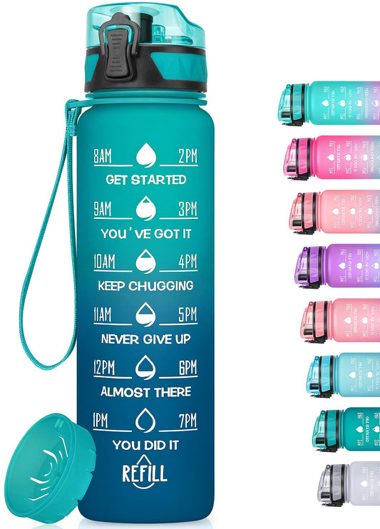 MEITAGIE 32oz/26oz Motivational Water Bottle with Time Marker & Fruit Strainer, Leak-proof BPA Free Non-Toxic 1l Bottle with Carrying Strap, Perfect for Fitness, Gym and Outdoor Sports, Plastic