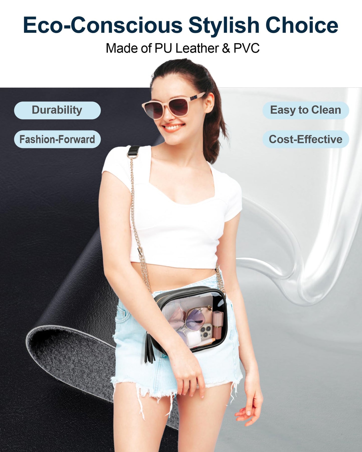 PACKISM Stylish Clear Crossbody Bag - Clear Purse Stadium Approved for Women, Fashionable PU Leather Design with Adjustable Chain Straps, Perfect for Sports & Concerts, Black