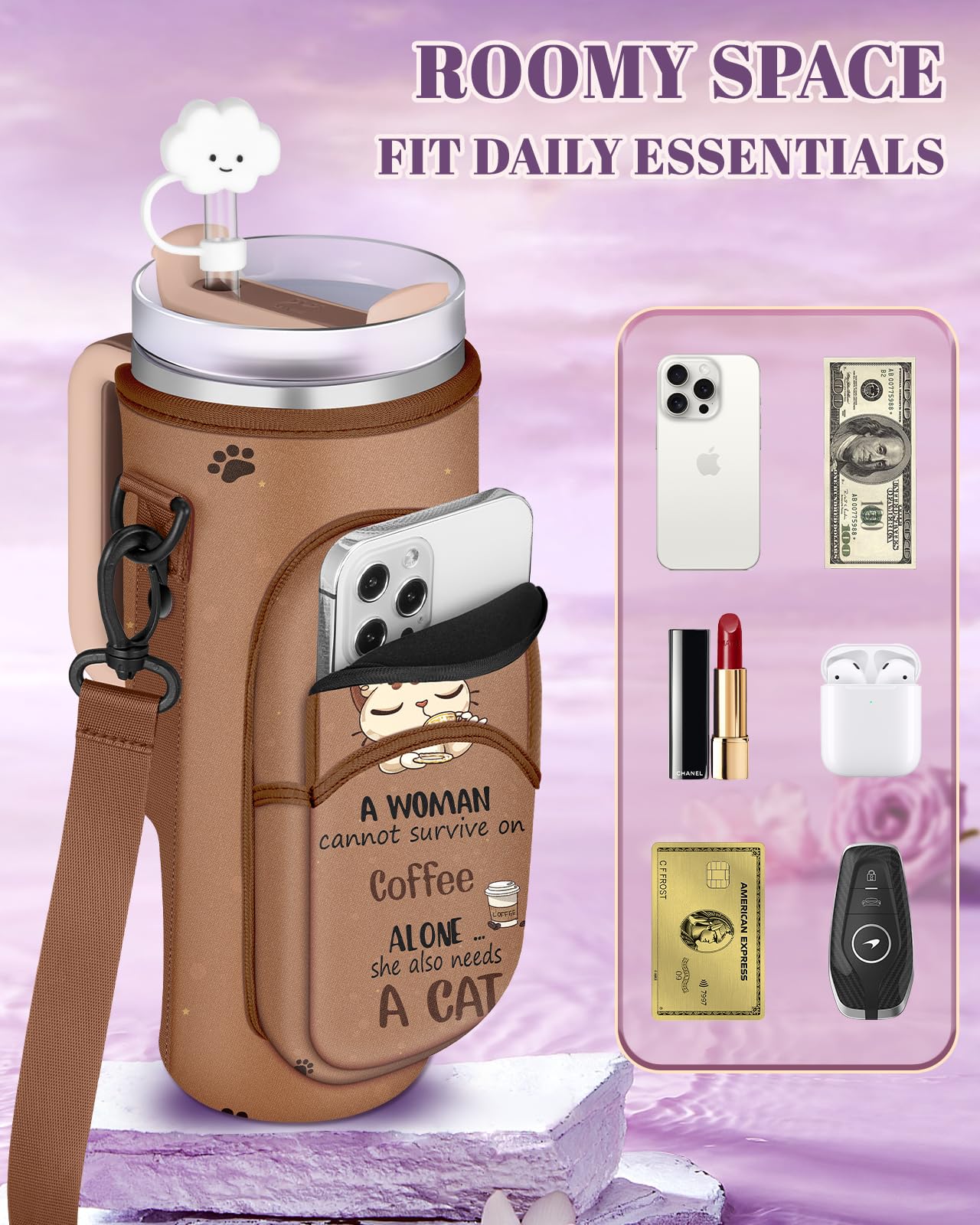Toykee Water Bottle Holder Carrier Bag for Stanley 40 OZ Tumbler with Strap Phone Pocket, Brown Wrap Around Drink Cup Purse Pouch with Straw Cover Cleaner Brush Accessories Coffee Cat Print