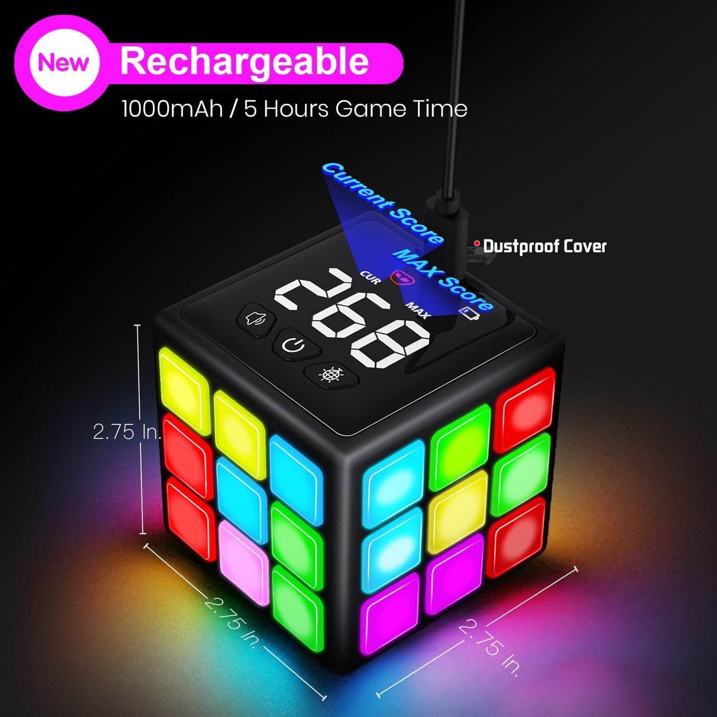 Xinbeiya Rechargeable Game Handheld Cube - 15 Fun Brain & Memory Game with Score Screen - Christmas Easter Birthday Gifts for Boys Girls Ages 6-12+ Years Old - Toy Gift Idea for Kids Teens (Black)