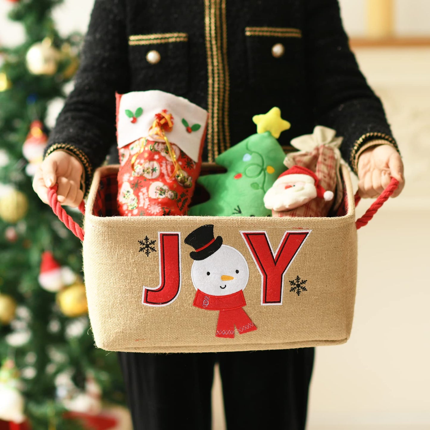 INough Gift Basket Empty Large Christmas Basket Christmas Empty Christmas Gift Baskets with Handles Collapsible Christmas Storage, Holiday Gift for Kidsroom Nursery Play Room (Large, Joy)