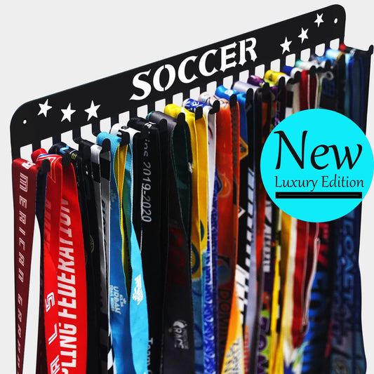 Soccer Sports Medal Holder Hanger Display Rack with 20 Hooks,Soccer Medal Holder For Wall with 16inchL,sports medal hanger display Upgraded Soccer Medal Holder with Simple Design For Girls & Boys