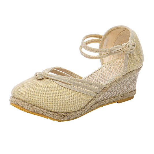 Shengsospp Women's Close Toe Espadrilles Wedge Sandals, Open Toe Elastic Ankle Strap Wedge Sandal Dress Shoes with Arch Support 04_Beige, 41