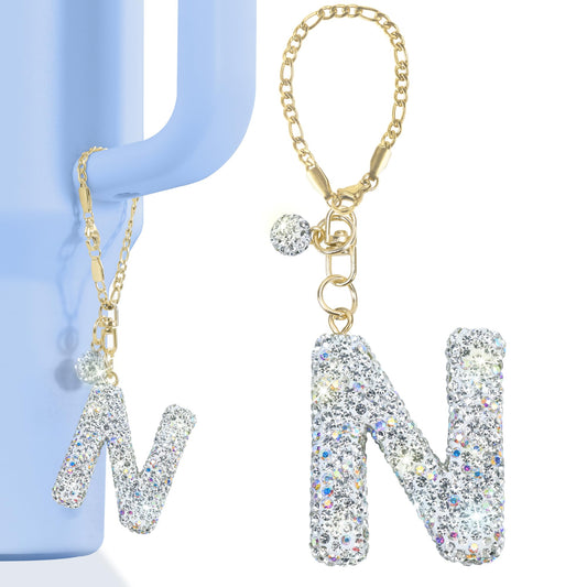 Mokoart Glitter Letter Tumbler Accessories for Stanley Cup, Water Bottle Chain for Stanley/Simple Modern Tumbler with Handle, Cute Initial Name ID with Bling Letter for Stanley Cup Accessories (N)