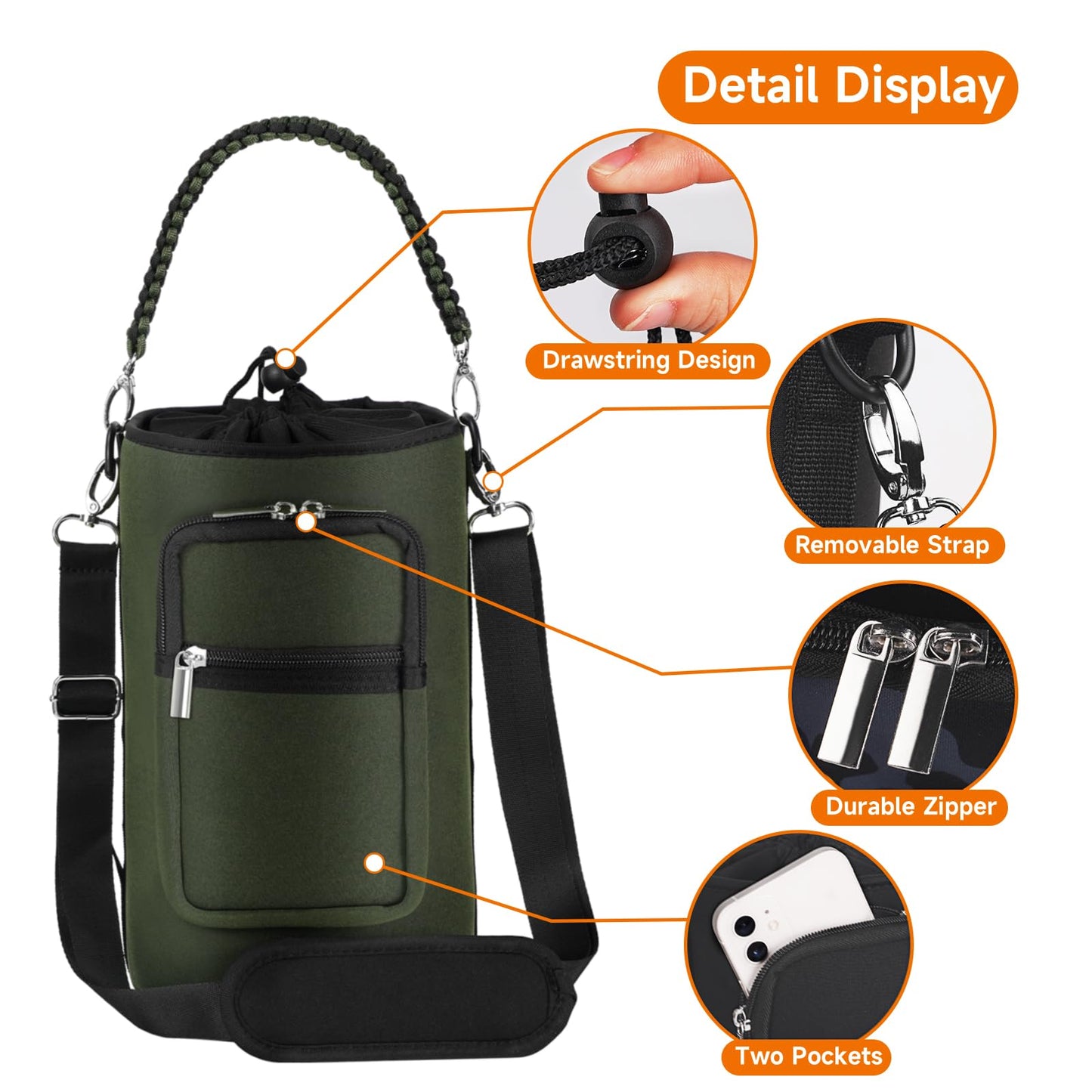 AceTreker 64 oz /87 oz/128 oz Neoprene Water Bottle Carrier for Half/One Gallon Insulated Metal Thermo Water Bottles, Sleeve Bag for Outdoor Camping, Hiking, Fishing-Green