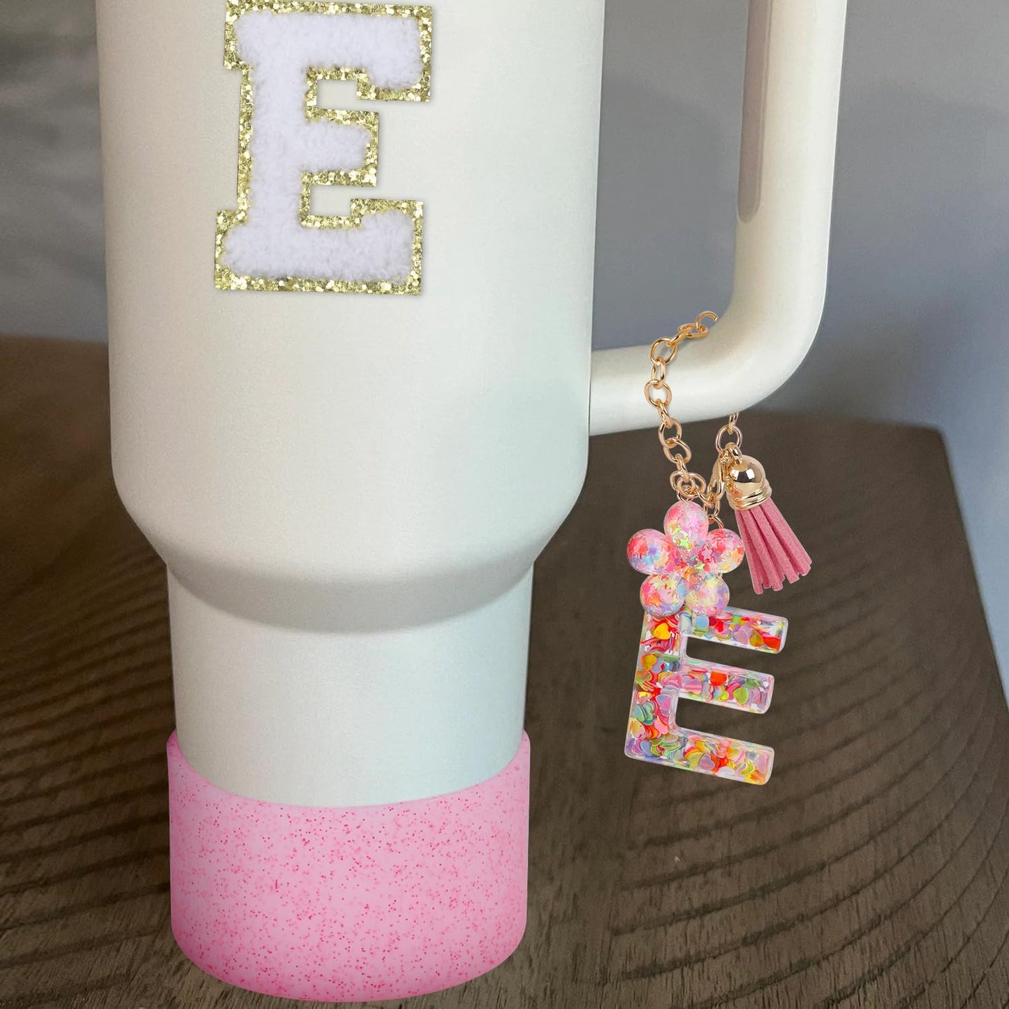 LA KEN DU Use for Stanley Cup Accessories Charms 40oz 30oz,Compatible with Stanley Cup Letter Charms for Handle Silicone Boot,Straw Cover Topper & Sticker(E)