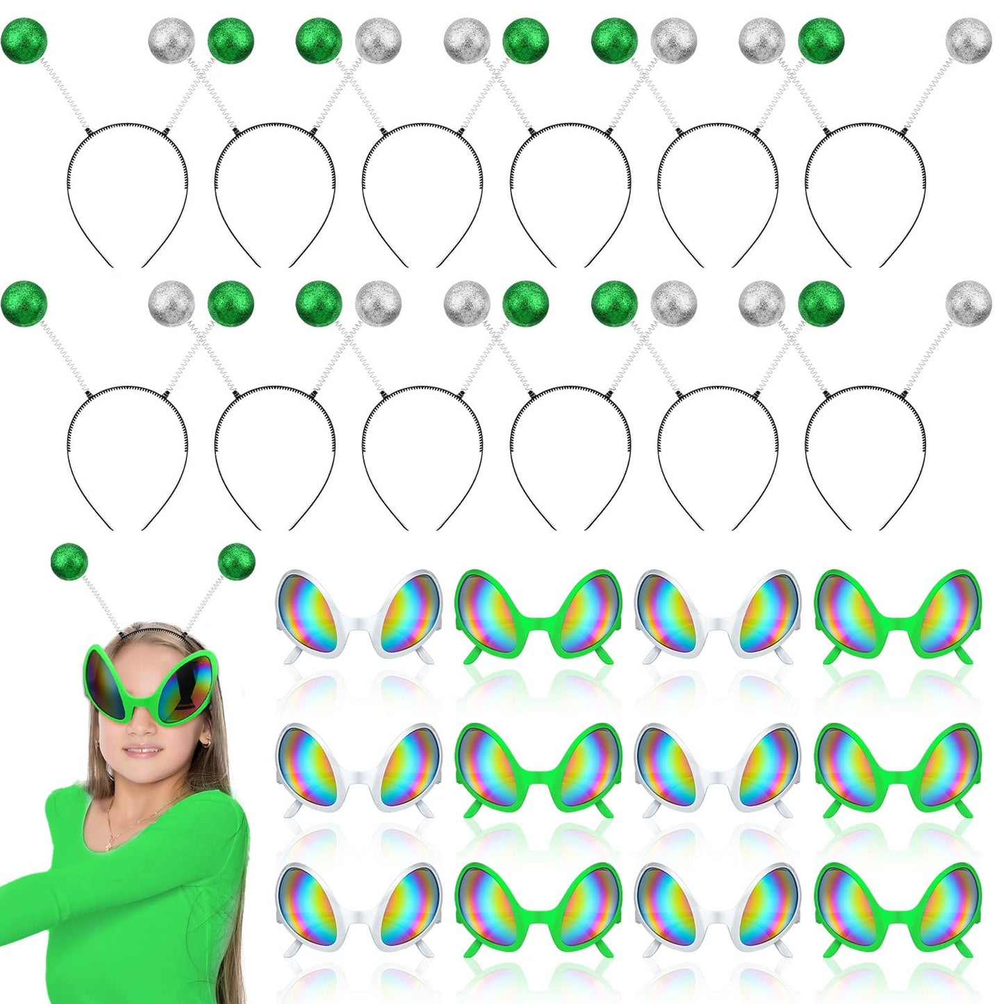 Yuxung 48 Pcs Alien Glasses and Headband Set Alien Rainbow Lens Sunglasses Glasses Boppers Antenna Glitter Martian Headband