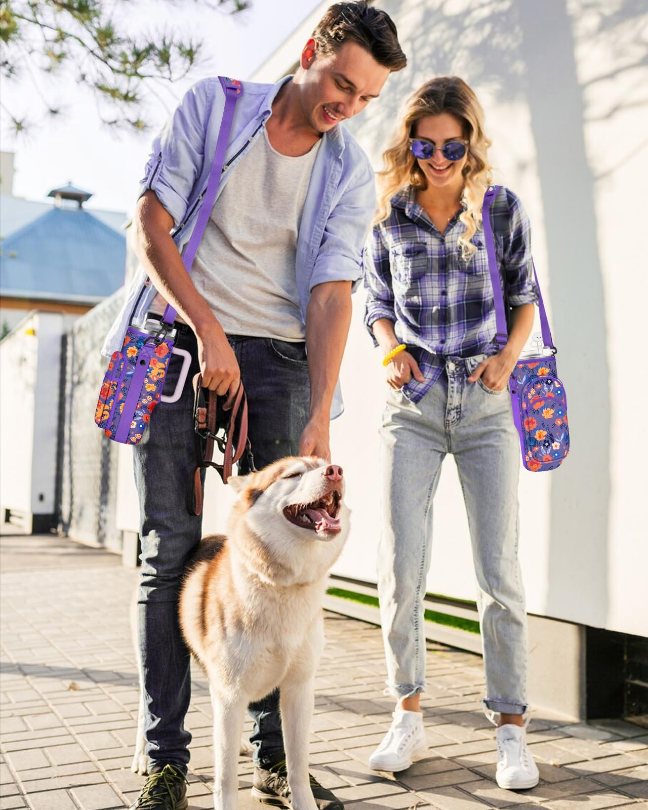 Toykee Water Bottle Holder Carrier Bag for Stanley 40 OZ Tumbler with Strap Phone Pocket, Purple Wrap Around Drink Cup Purse Pouch with Straw Cover Cleaner Brush Accessories Flower Print