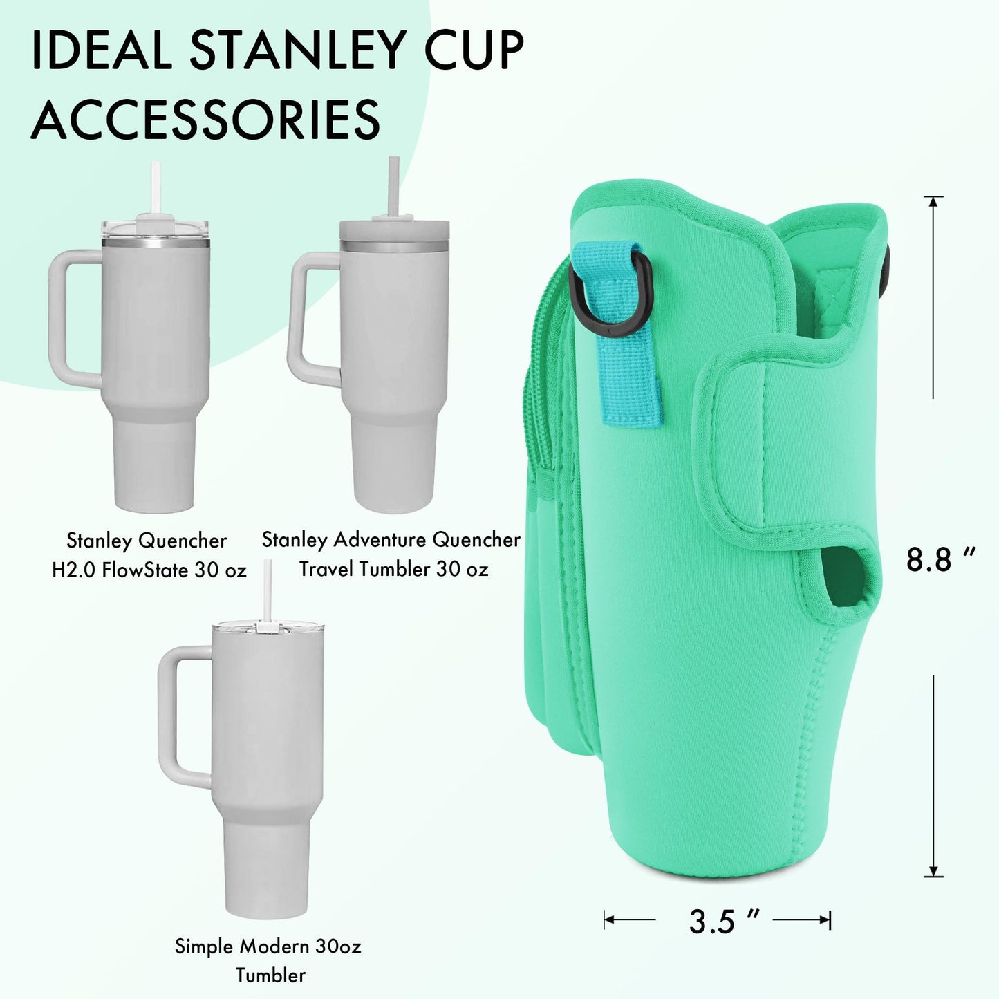 JEBEALUO Water Bottle Carrier Bag with Phone Pocket for Stanley Cup 40/30 oz, Water Bottle Holder with Adjustable Strap& Straw Cover, Stanley Cup Accessories (Green)