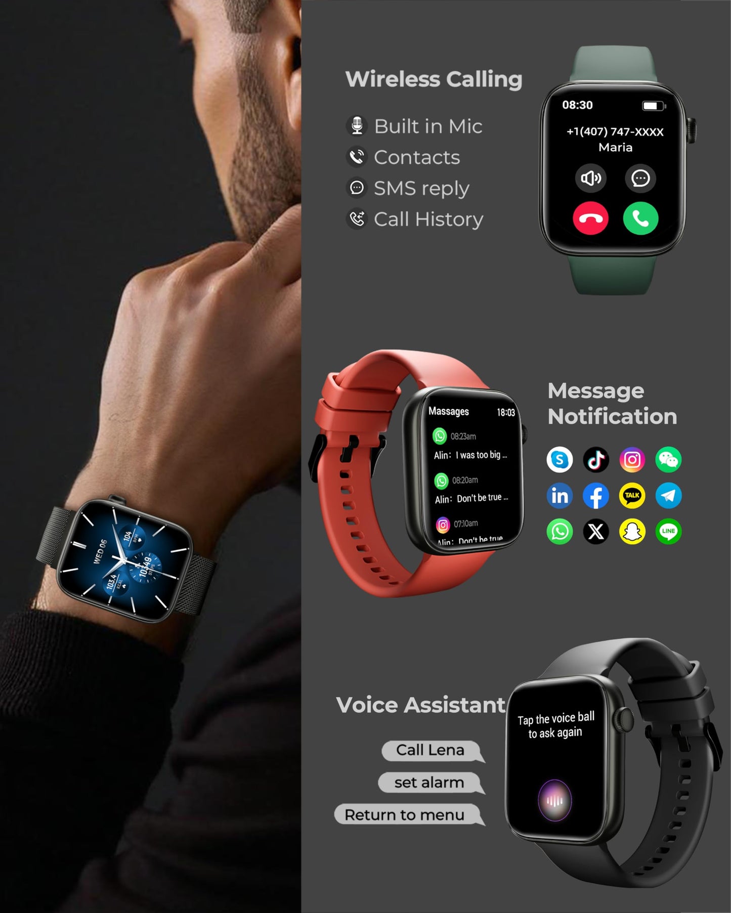 Smart Watch for Men/Women, 1.85" AMOLED Touchscreen, Make/Answer Calls, Fitness Tracker with Heart Rate, Blood Oxygen, Sport Modes, Waterproof Watches Compatible with Android & iPhone(4 Watch Bands)