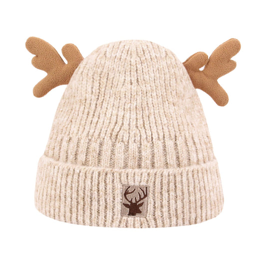 Haoohu Warm Cute Reindeer Antlers Knitted Hat Crochet Knit Cap Knitted Beanie for Adults Beige