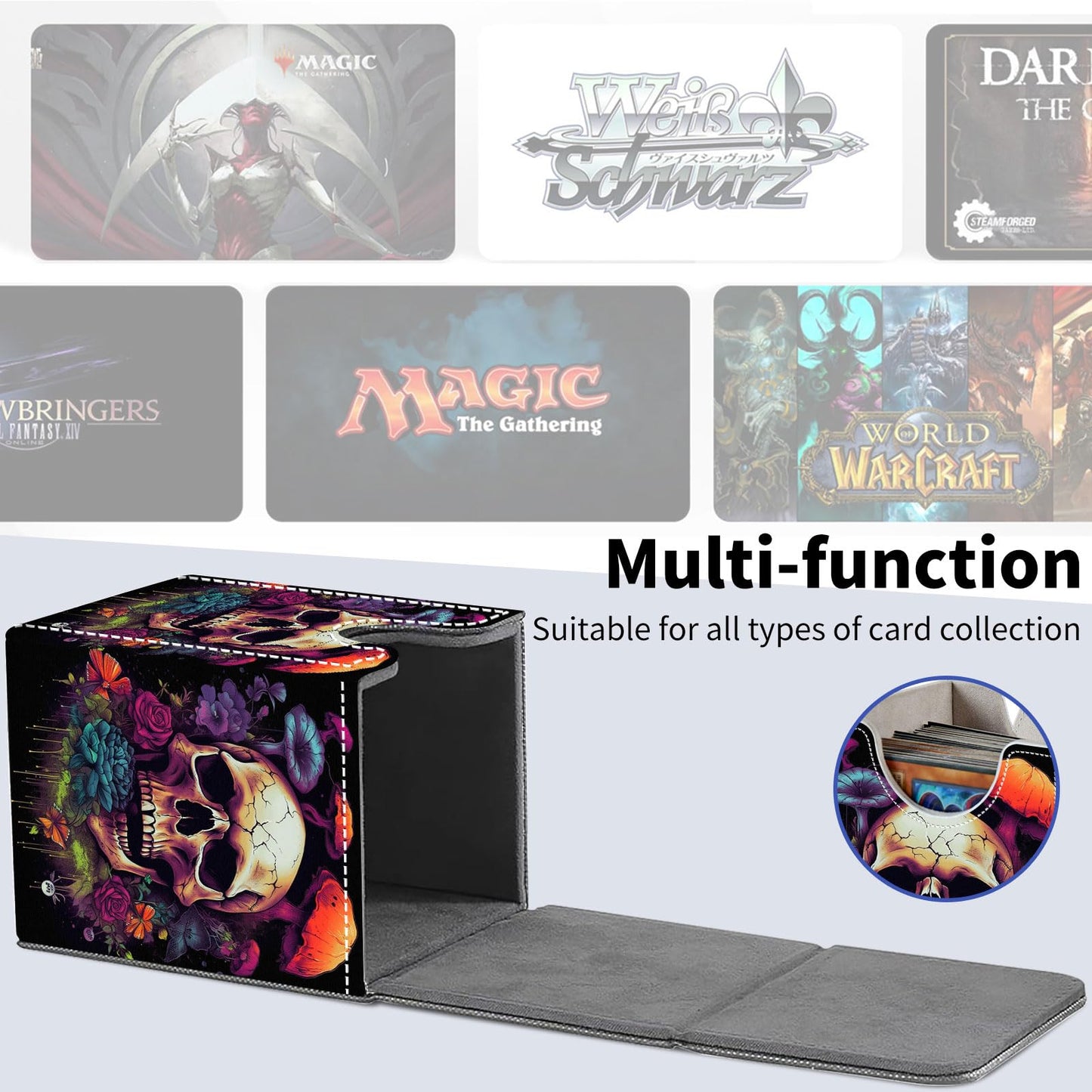 Qindaiwen Card Deck Box for Trading Cards, MTG Deck Box Fits 100+ Single Sleeved Cards, PU Leather Strong Magnet Card Deck Case Holder for Magic Commander TCG CCG, Flower Skull