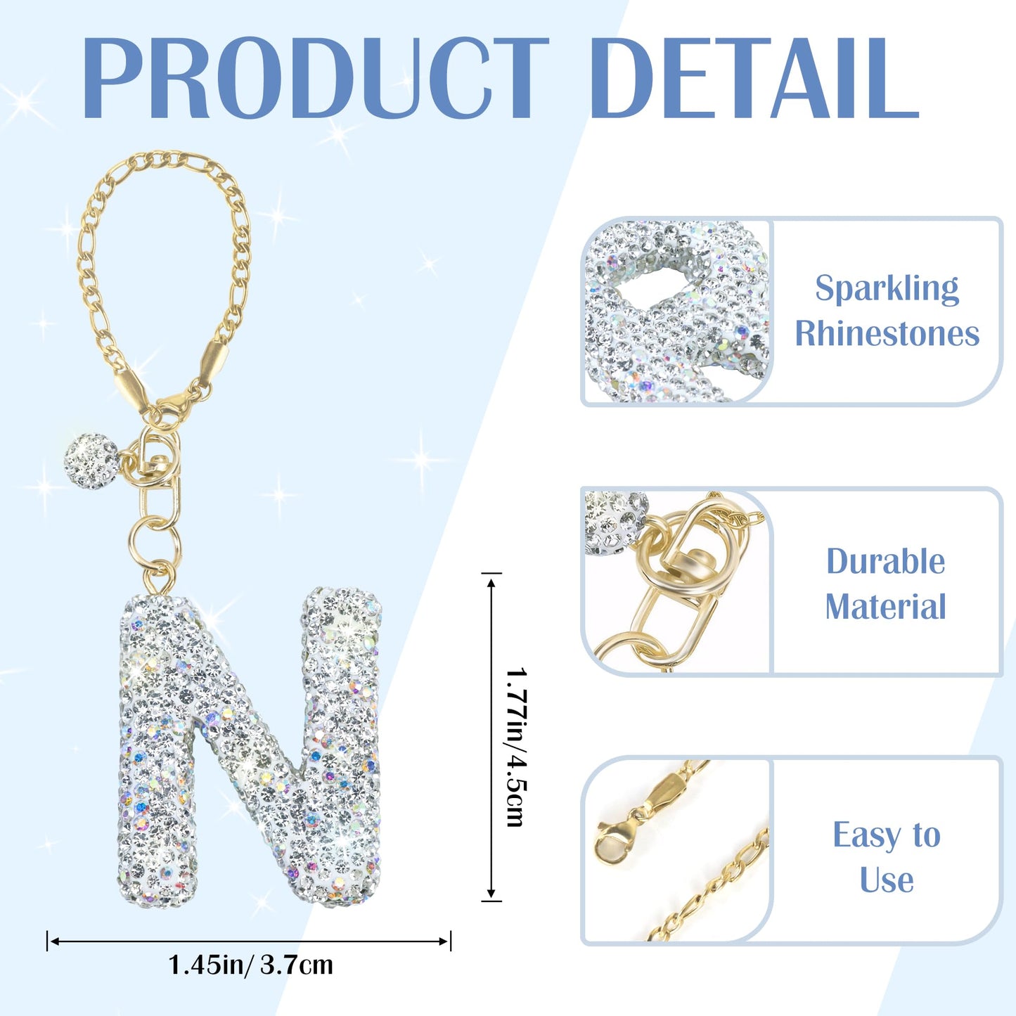Mokoart Glitter Letter Tumbler Accessories for Stanley Cup, Water Bottle Chain for Stanley/Simple Modern Tumbler with Handle, Cute Initial Name ID with Bling Letter for Stanley Cup Accessories (N)