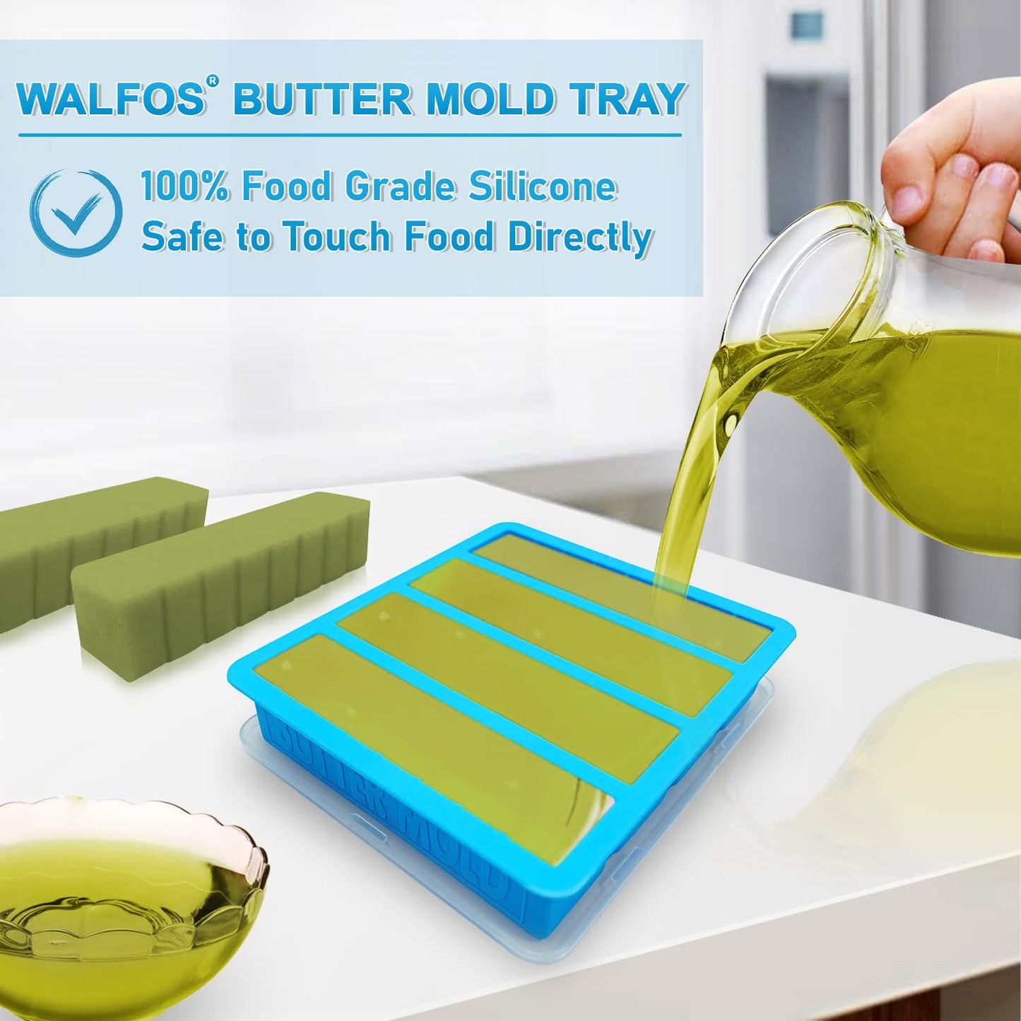Silicone Butter Mold with Lid, Walfos Non-Stick Tray Fits Standard Butter Stick Size, Large Cavity, Holds 8 Tablespoons, Ideal For Soap Bar, Energy Bar, Cake, 2 Pack