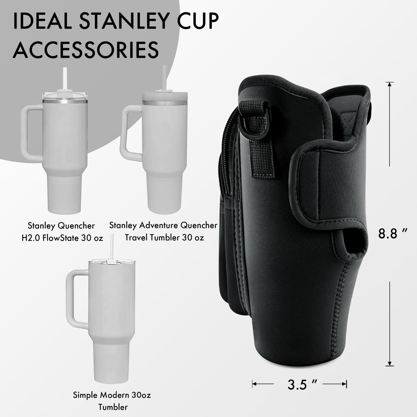 JEBEALUO Water Bottle Carrier Bag with Phone Pocket for Stanley Cup 40/30 oz, Water Bottle Holder with Adjustable Strap& Straw Cover, Stanley Cup Accessories (Black)