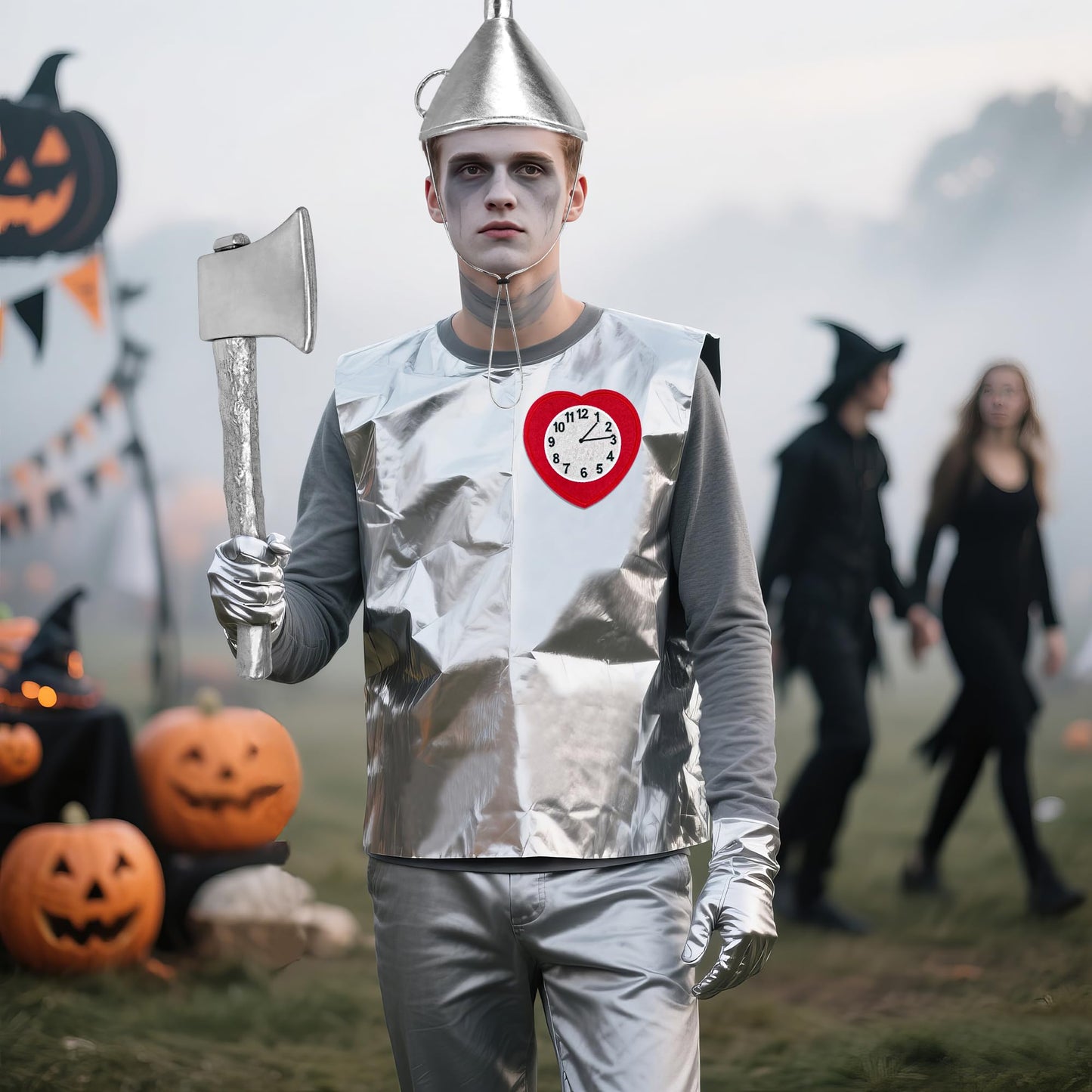 Yezmo 5PCS Tin Costume Accessories, Silver Axe Funnel Hat Set with Heart Clock Brooch Silvery Gloves for Adult Men for Cosplay Party