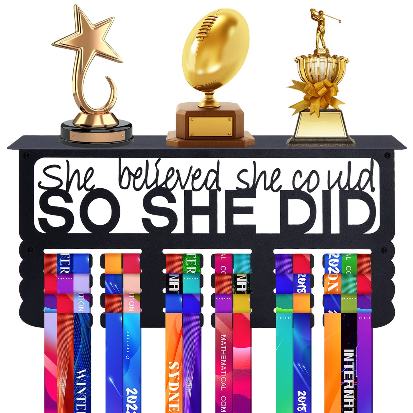 Biggun Metal Trophy and Medal Display Shelf- Easy to Install Medal Hanger Display with Trophy Shelf Medal Holder for Over 70 Running Race Wrestling Medals