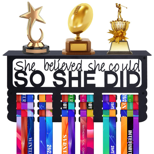 Biggun Metal Trophy and Medal Display Shelf- Easy to Install Medal Hanger Display with Trophy Shelf Medal Holder for Over 70 Running Race Wrestling Medals
