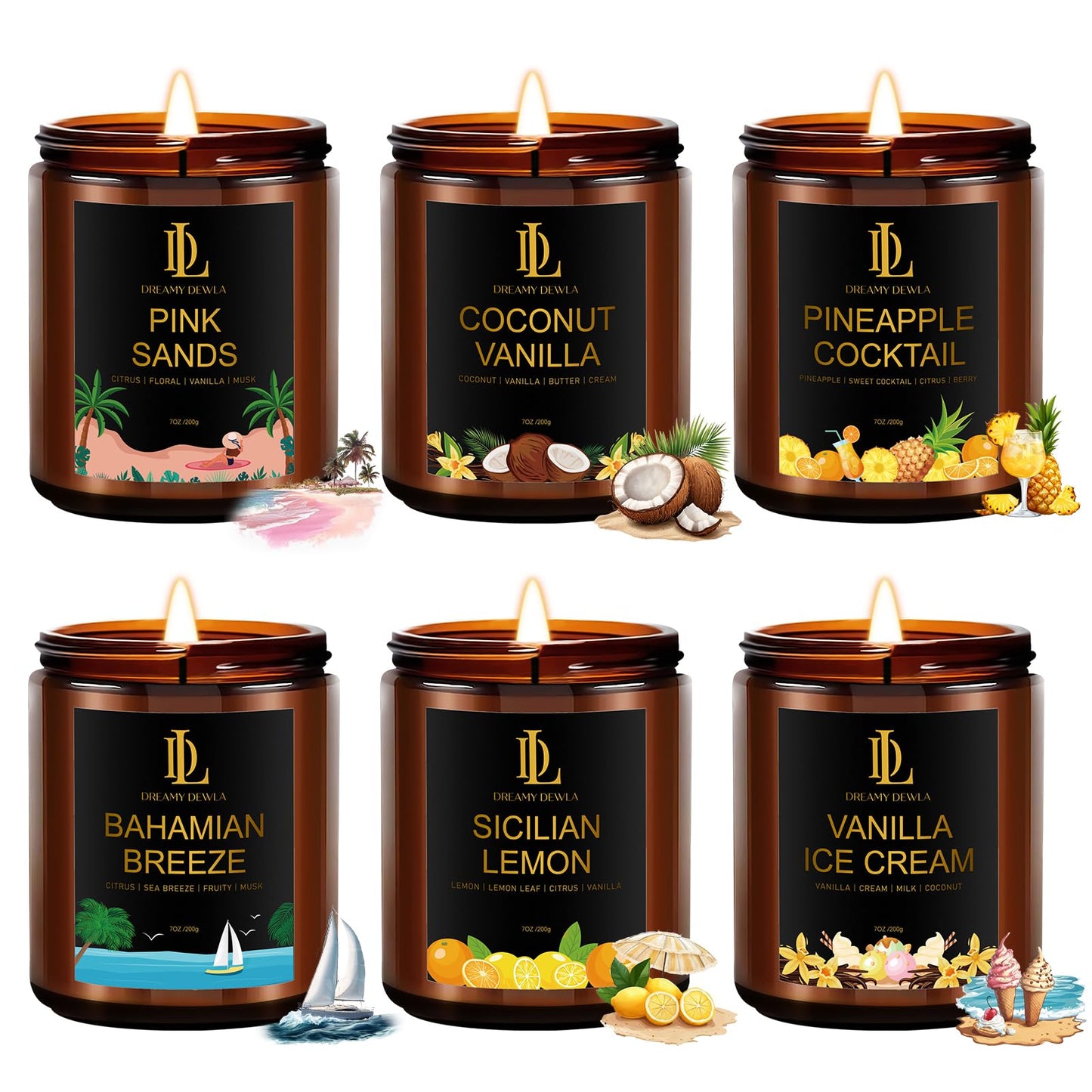 6 Pack Scented Candles Set, 42oz 300 Hour Long Lasting Candle, Soy Candles for Home Scented, Scents of Pink Sands/Coconut Vanilla/Bahama Breeze/Pineapple Cocktail/Sicilian Lemon/Vanilla Ice Cream