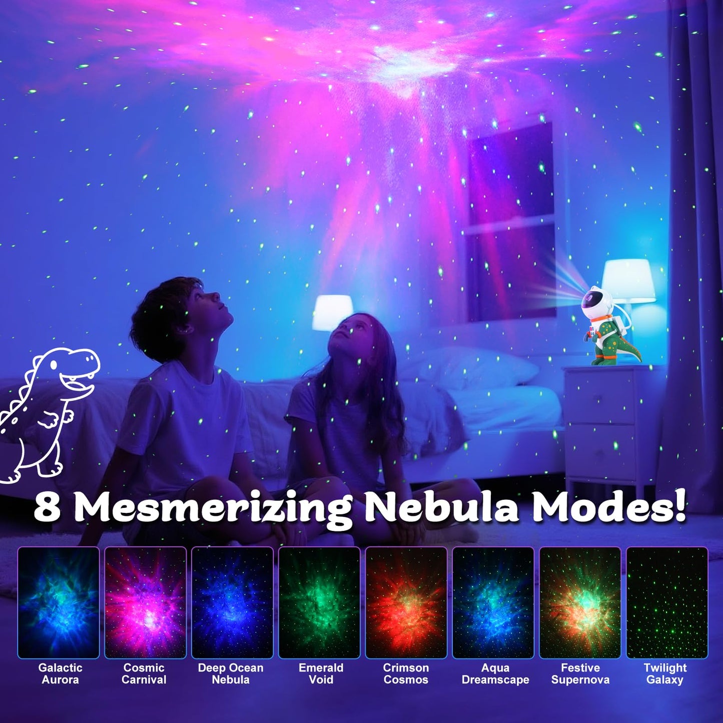 LOVME Galaxy Star Projection Night Light, Dinosaur Astronaut Space Projector with 8 Modes Starry Nebula Effects, Timer & Remote Control, Bedroom Ceiling Decor for Kids, Christmas Birthday Gift(Green)