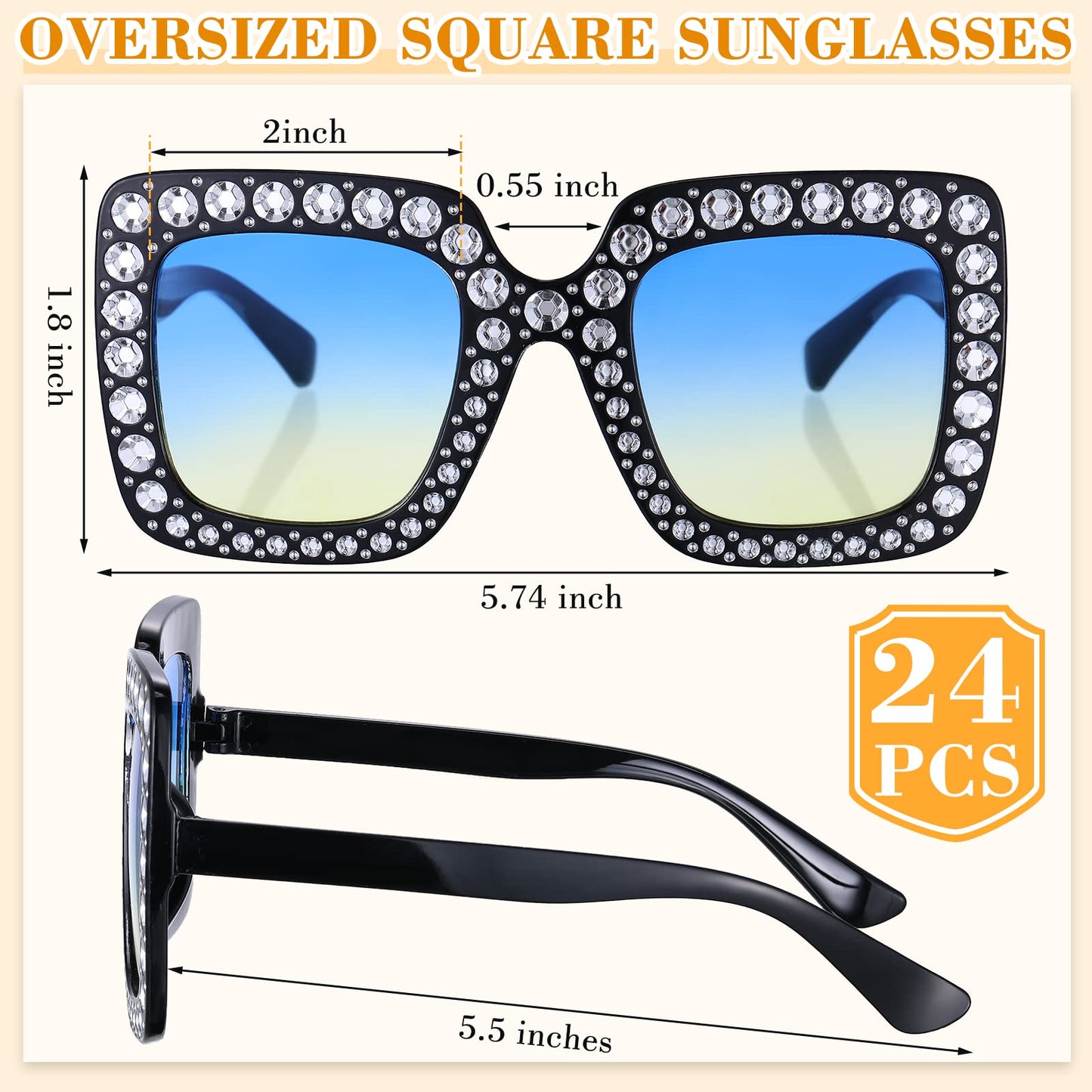 Chuangdi 24 Pcs Women Disco Sunglasses 70s Rhinestone Crystal Sunglasses Bulk Large Square Sparkling Glasses Thick Frame(Mixed Color)