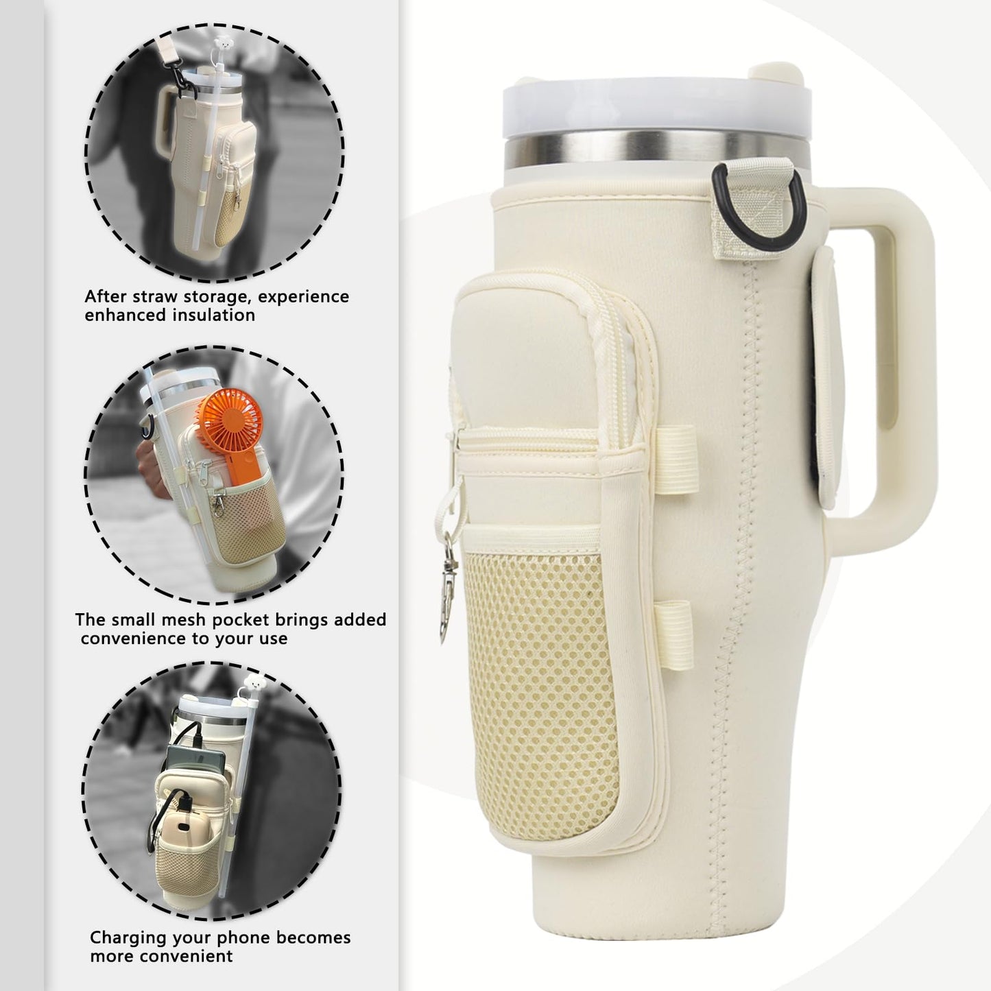 Water Bottle Carrier Bag with Phone Pocket for Stanley 40 oz Tumbler Neoprene Water Bottle Holder Pouch with Straw Toppers with Elastic Band for Holding Straws for Stanley Cup Accessories (Cream)