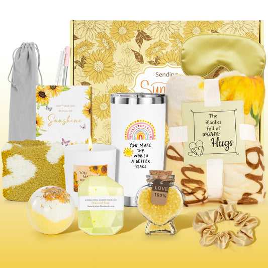 Xmas Sending Sunshine Gifts for Women, Sending Sunflower Gifts for Mom, 13 Pcs Spa Gifts for Women, Birthday Gift Sets, Gifts for her, Unique Holiday Gifts Basket for, Girlfriend, Sister, Mom, Wife
