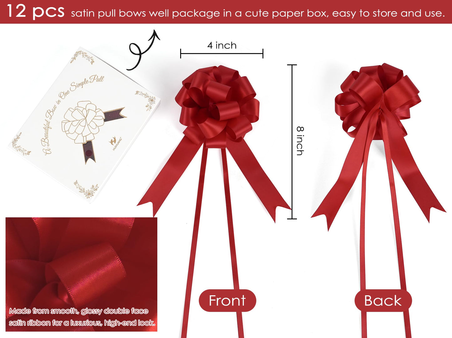 HUIHUANG Red Pull Bows for Gift Wrapping 4"x8" Red Christmas Bows 12 PCS Satin Gift Bow for Presents, Gift Basket, Paper Bag, Wrapping Accessories, Wreaths, Holiday Christmas Decor