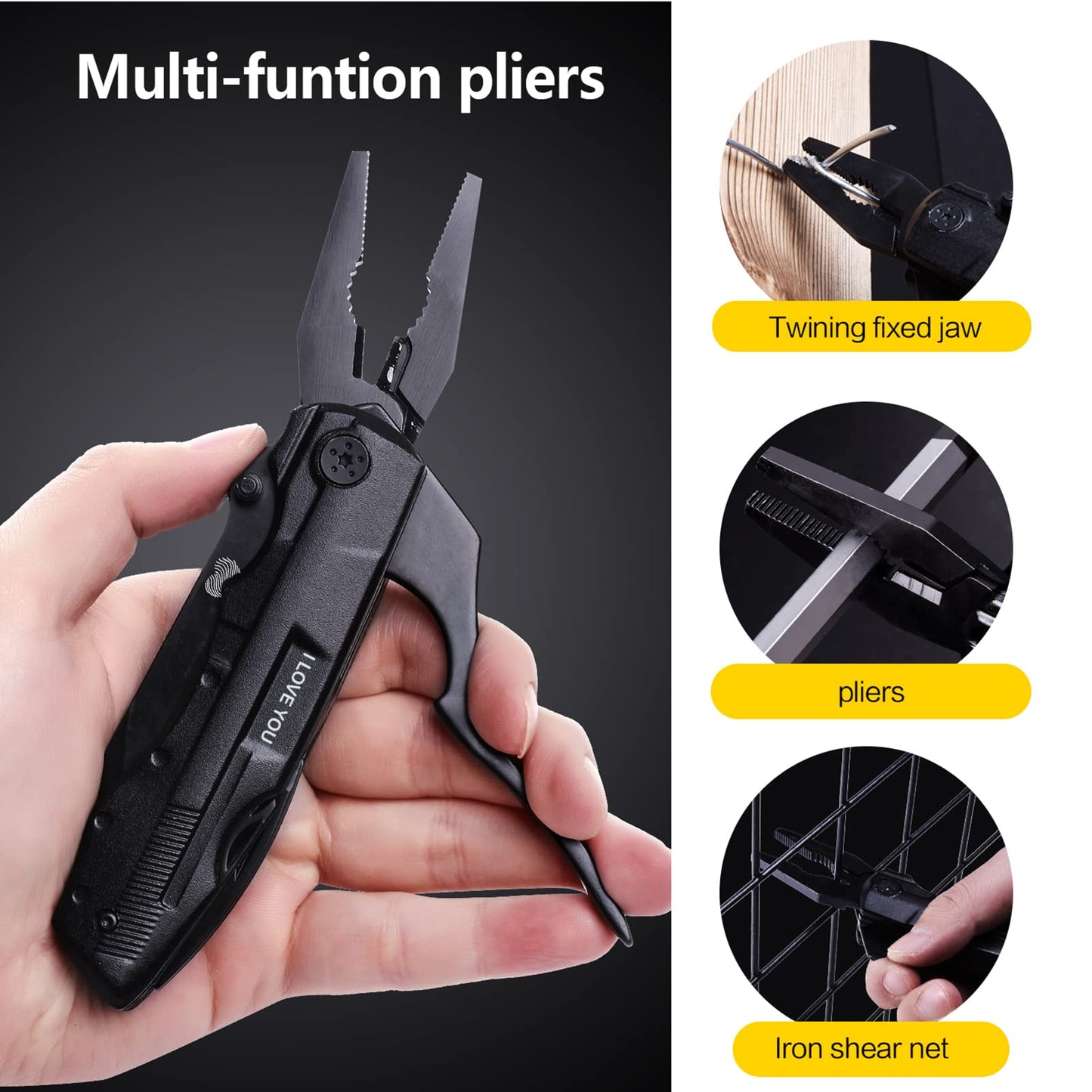 Multitool Pocket Knife for Men, Gifts for Boyfriend, Him, Husband, Dad, Multi Tool Tactical Plier With Nylon Sheath, Stocking Stuffer 'I LOVE YOU'