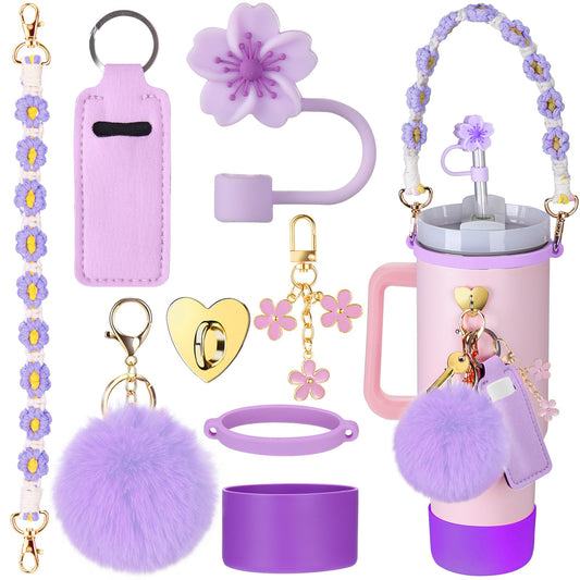 Mity rain 8PCS Cup Accessories for Stanley Cup 30oz 40oz Tumbler with Handle, Including Water Bottle Handle Strap, Chapstick Holder, Boot, Keychain Charms, Straw Topper Cover Cap for Stanley (Purple)