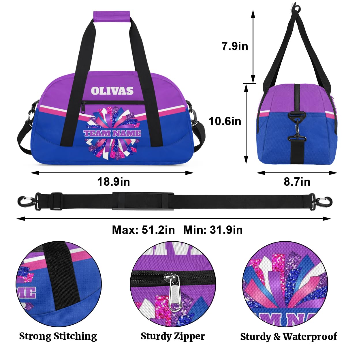 Personalized Cheerleader Bag Dance Bag for Girl, Custom Team Bag Gym Bag Sport Duffel Bag, Weekender Bags Travel Bag for Cheer Team Blue Pink Purple Glam