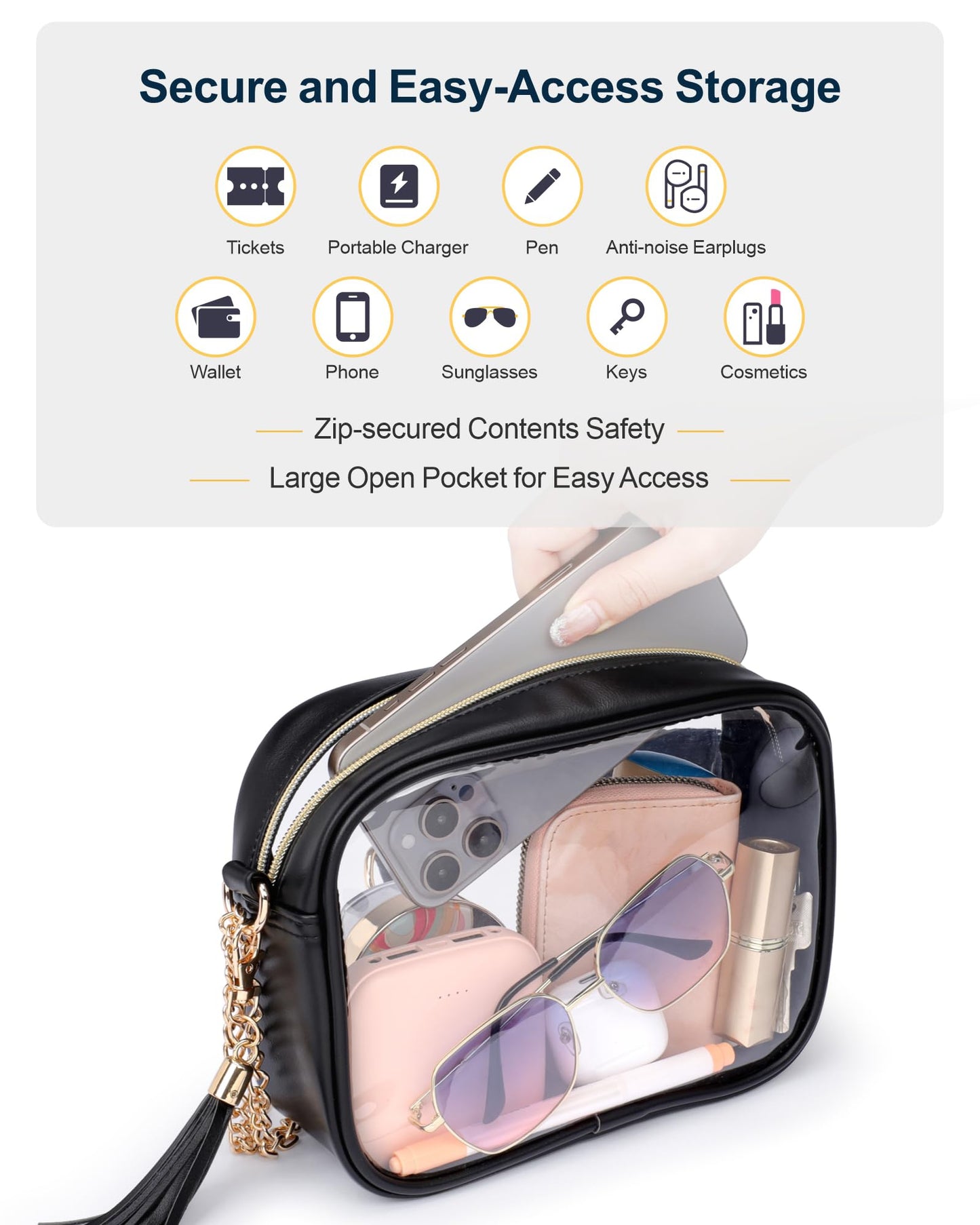PACKISM Stylish Clear Crossbody Bag - Clear Purse Stadium Approved for Women, Fashionable PU Leather Design with Adjustable Chain Straps, Perfect for Sports & Concerts, Black
